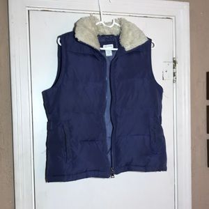 Down Vest Large Blue Sherpa White Collar Zip 2 pockets in, 2 outer mach wash